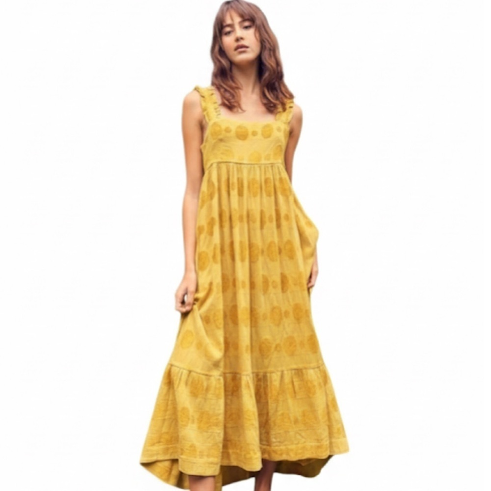 Miou Muse Mustard Yellow Polka Dot Jacquard Cotton Maxi Dress Medium New!